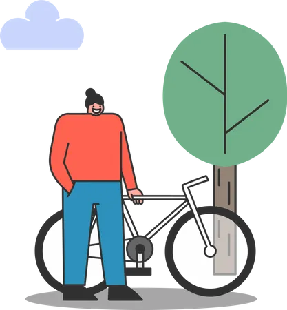 Woman cyclist with bicycle in park  Illustration