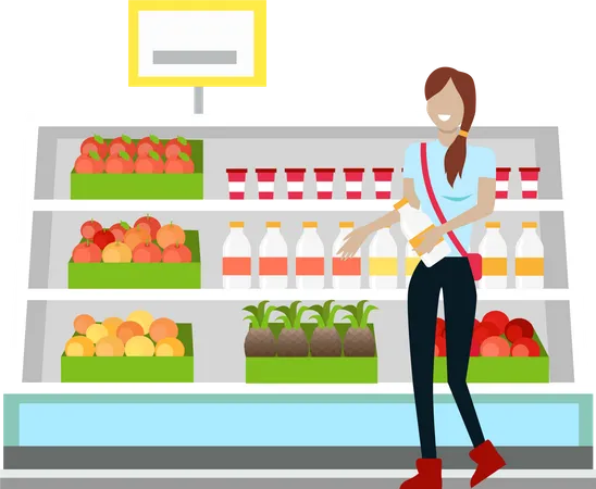 Woman Near Trading Showcase Smiling Woman In Black Pants And Blue Blouse In Flat Woman Daily Shopping Supermarket Shopping Customer In Mall Retail Store Illustration On Red Background Illustration