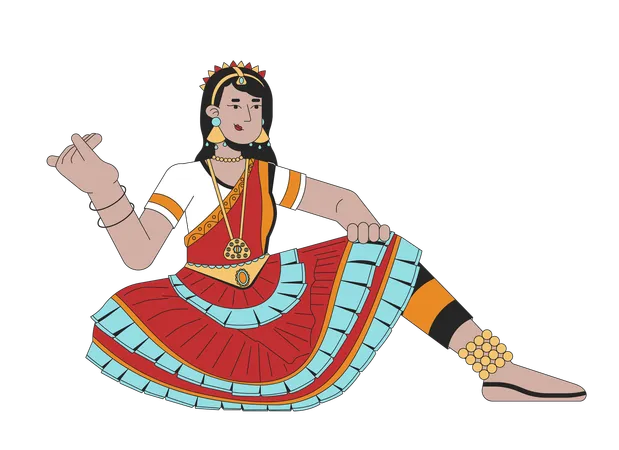 Woman Dancer Bharatanatyam On Deepavali Line Cartoon Flat Illustration Diwali Dancer Female Indian 2 D Lineart Character Isolated On White Background Worship Of Lakshmi Scene Vector Color Image Illustration