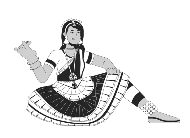 Woman Dancer Bharatanatyam On Deepavali Black And White Cartoon Flat Illustration Diwali Dancer Female Indian 2 D Lineart Character Isolated Worship Of Lakshmi Monochrome Scene Vector Outline Image Illustration