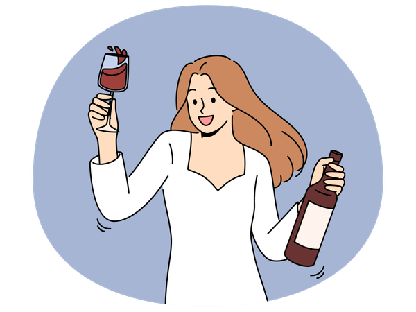 Woman dances at party holding bottle of wine and glass filled with exquisite alcoholic drink  Illustration