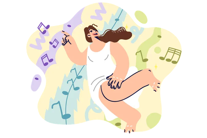 Woman Dances To Music Standing Among Notes And Enjoys Relaxing At Parties Or Discos Carefree Young Girl In White Dress Dances And Rhythmically Waves Arms At Disco Festival Of Popular Pop Musicians Illustration