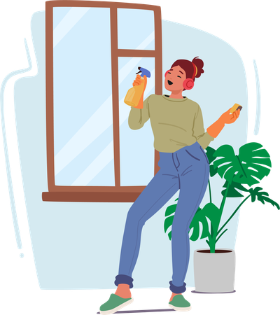 Woman Dances With Cloth And Cleaning Sprayer  イラスト