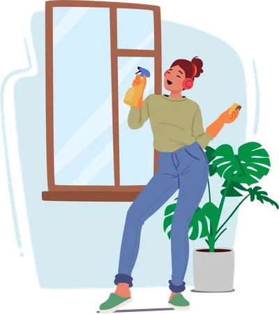 Graceful Woman Dances With A Cloth And Sprayer Character Cleaning Windows To A Rhythmic Melody Music Fuels Her Energy As Sunlight Gleams Through Sparkling Glass A Symphony Of Cleanliness And Joy Illustration