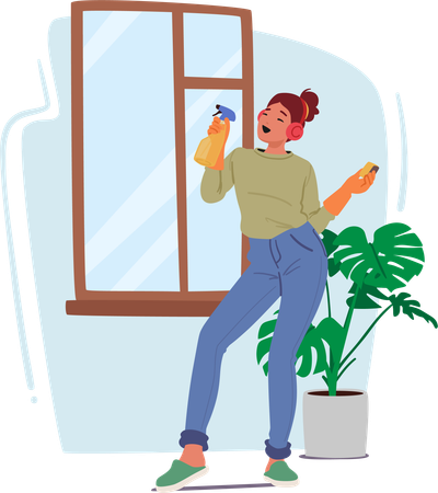 Woman Dances With Cloth And Cleaning Sprayer  Illustration