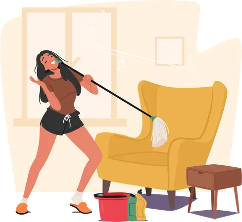 Woman Dances With Mop  Illustration