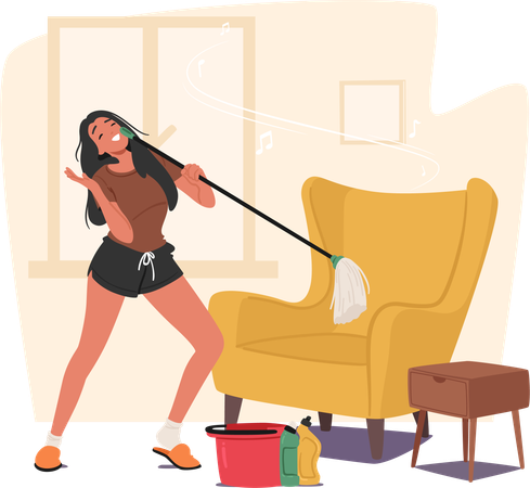 Woman Dances With Mop  Illustration