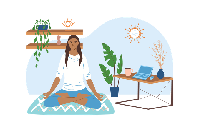Woman decided take a break and do yoga exercises on her work place  Illustration