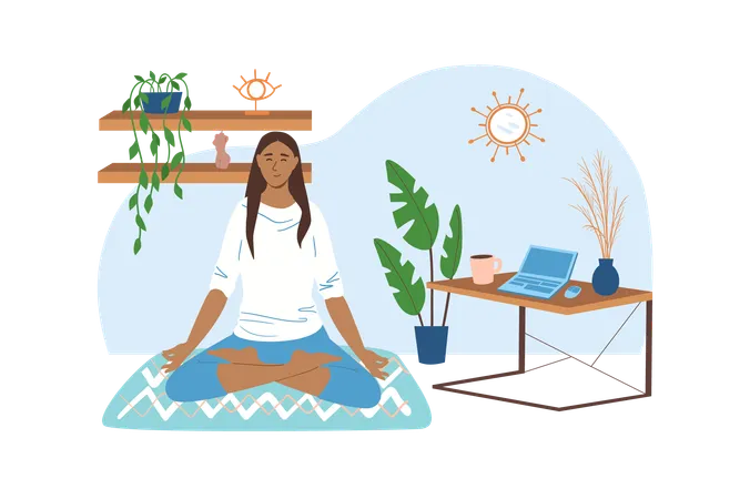 Workplace Blue Concept With People Scene In The Flat Cartoon Design Woman Decided Take A Break And Do Yoga Exercises On Her Work Place Vector Illustration Illustration