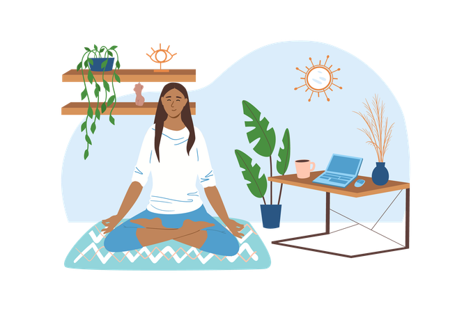 Woman decided take a break and do yoga exercises on her work place  イラスト