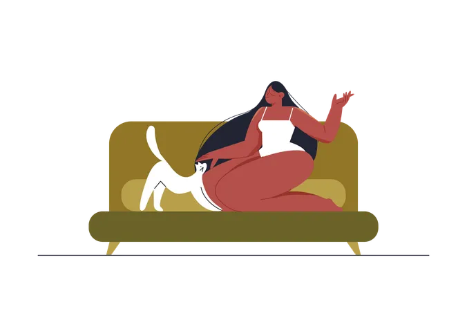 Woman decided to stay at home with the cat and rest  Illustration