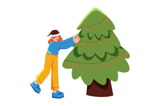 Woman decorate Christmas tree  Illustration