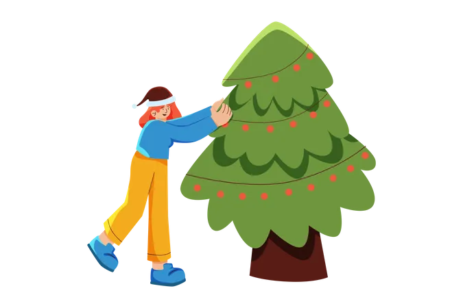 Woman decorate Christmas tree  Illustration
