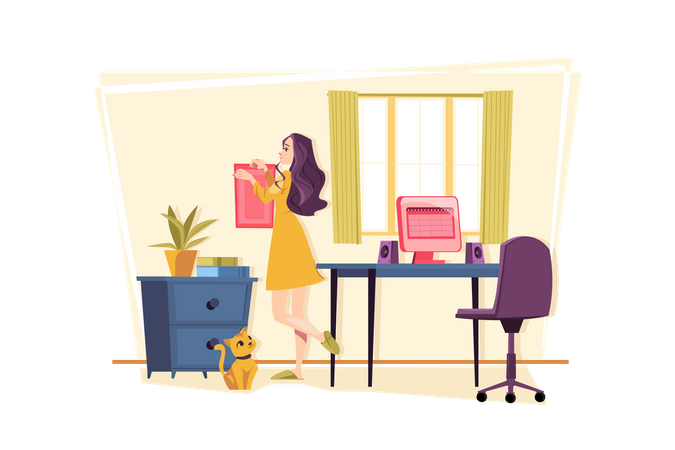Woman decorate home workspace  Illustration