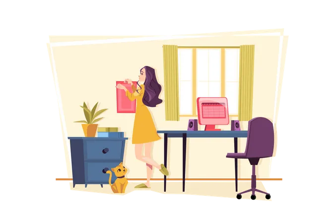 Woman decorate home workspace Illustration