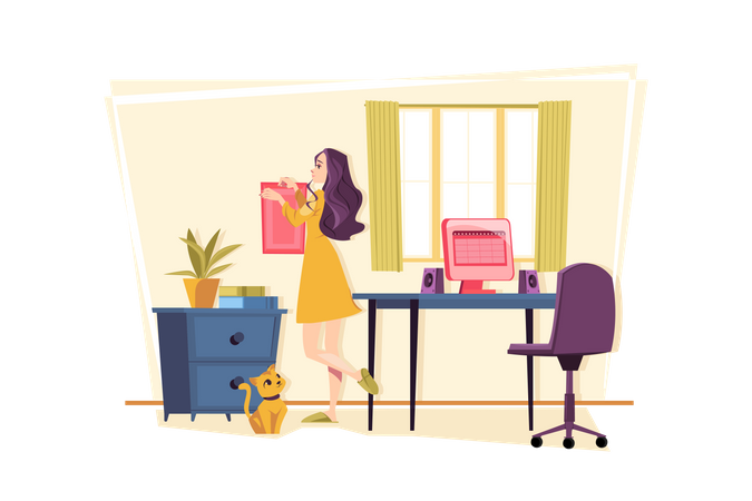 Woman decorate home workspace  Illustration