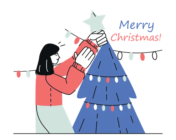 Merry Christmas Concept Set In Flat Line Design Men And Women Celebrate Xmas Decorate Festive Tree With Garlands Give Gifts Have Fun At Party Vector Illustration With Outline People Scene For Web Illustration