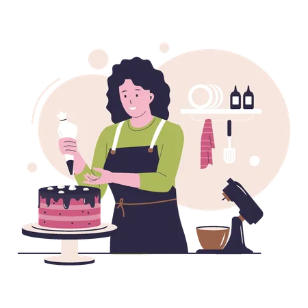 Woman Decorates Cake With Butter Cream Vector Flat Illustration Illustration
