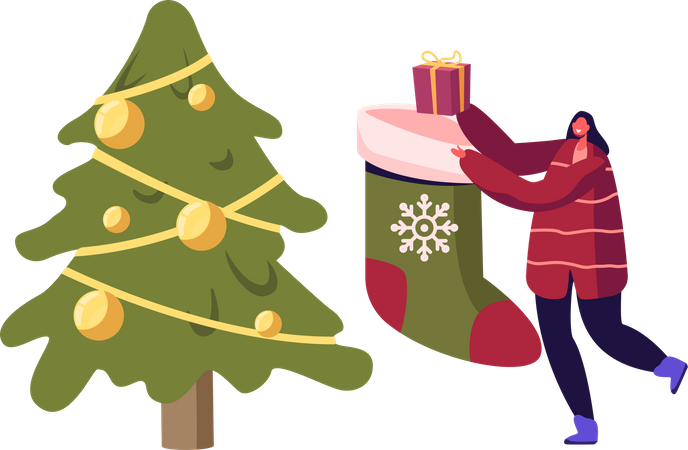 Woman decorating Christmas sock on Christmas tree Illustration