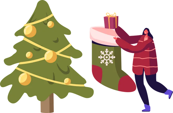 Woman decorating Christmas sock on Christmas tree Illustration