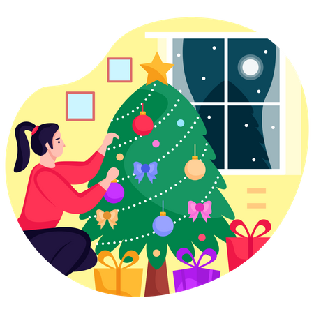 Woman decorating Christmas tree Illustration