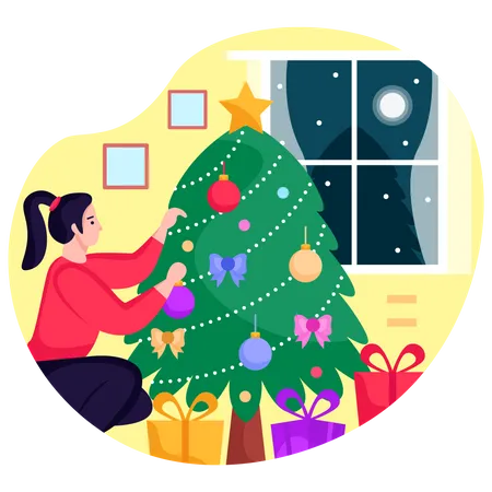 Woman decorating Christmas tree  Illustration