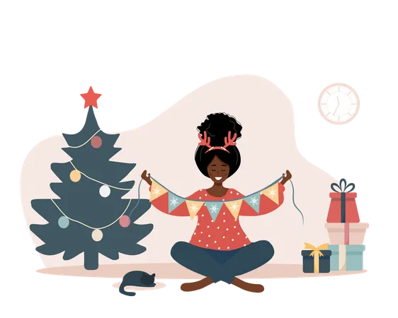 Smiling African Woman Decorating Christmas Tree New Year Vintage Postcard The Girl Unwinds The Garland Preparing Home Before Holiday Celebration Cute Vector Illustration In Flat Cartoon Style Illustration