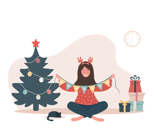 Smiling Islamic Woman Decorating Christmas Tree New Year Vintage Postcard The Girl Unwinds The Garland Preparing Home Before Holiday Celebration Cute Vector Illustration In Flat Cartoon Style Illustration