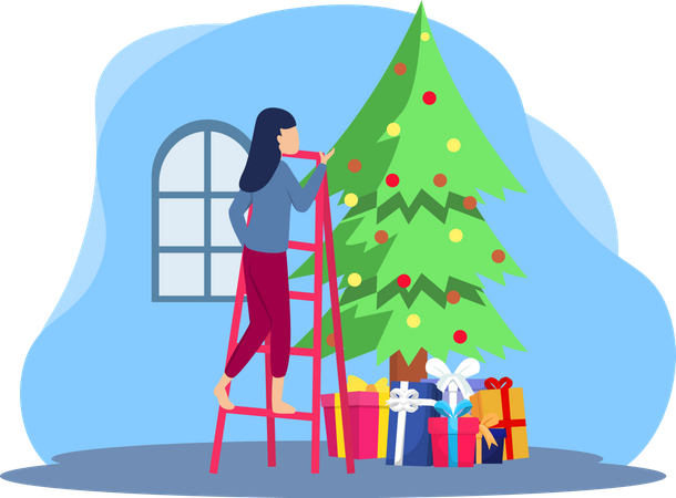 Woman decorating christmas tree  Illustration