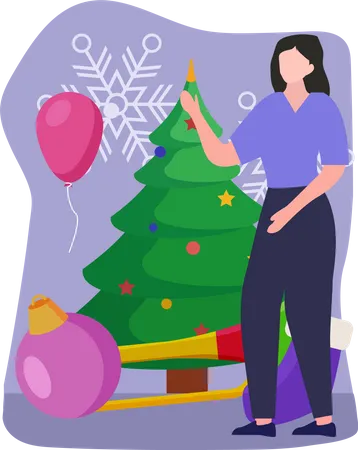 Woman decorating christmas tree Illustration