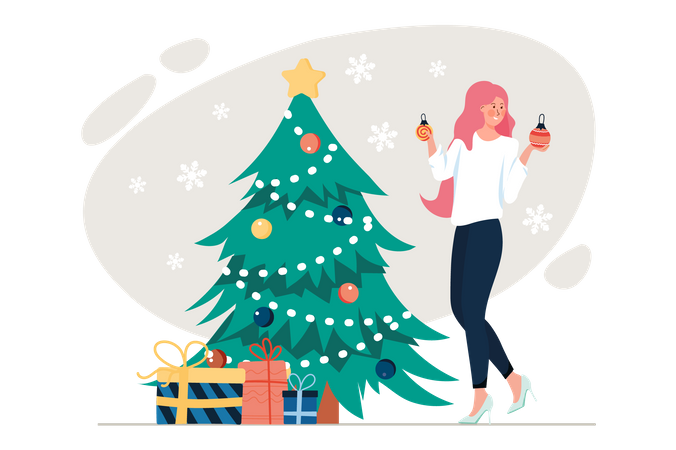 Woman decorating christmas tree  Illustration