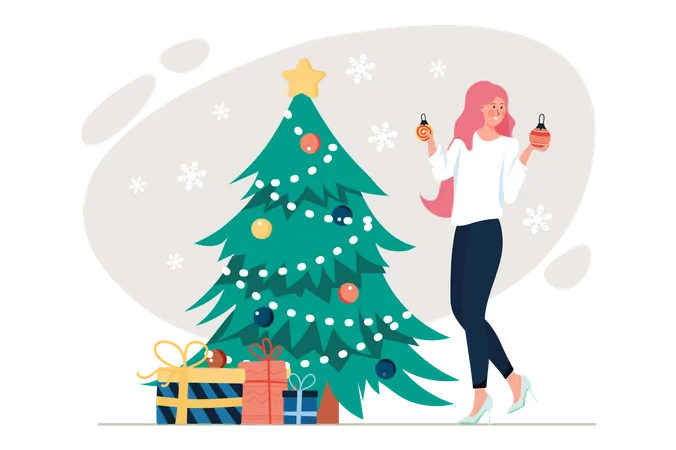 Woman decorating christmas tree  Illustration