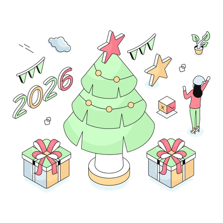 Woman decorating Christmas Tree  Illustration