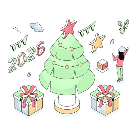 Woman decorating Christmas Tree  Illustration