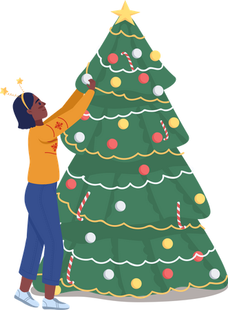 Woman decorating Chritmas tree Illustration