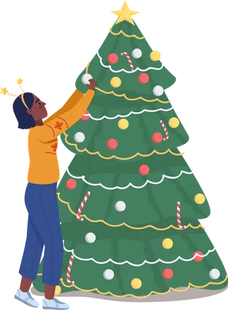 Woman Decorating Christmas Tree Semi Flat Color Vector Character Posing Figure Full Body Person On White Winter Season Isolated Modern Cartoon Style Illustration For Graphic Design And Animation Illustration