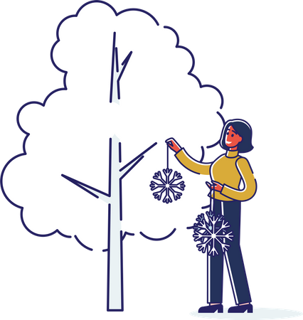 Woman decorating garden tree during Christmas  イラスト