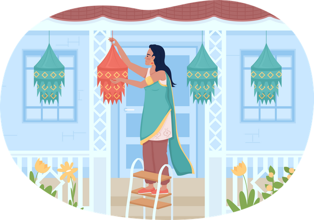 Woman Decorating house for Diwali festival Illustration