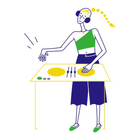 Woman deejay at music desk  Illustration