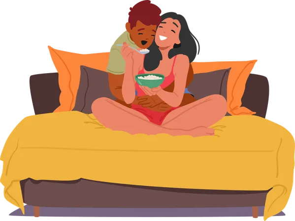 Woman Delicately Feed Man In Cozy Embrace Of Love  Illustration