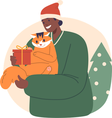 Woman Delicately Offers Carefully Wrapped Christmas Gift To Feline Companion  Illustration