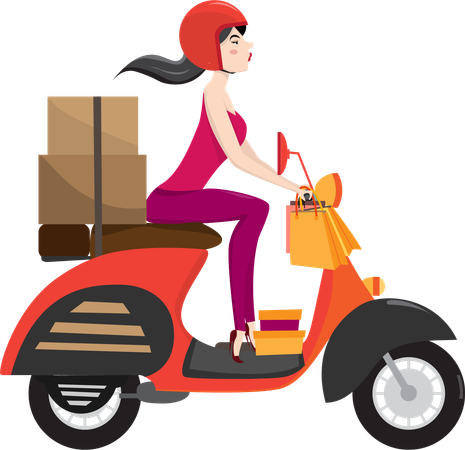 Woman deliver products while riding scooter  Illustration