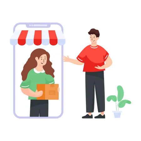 Woman delivering through smartphone Illustration