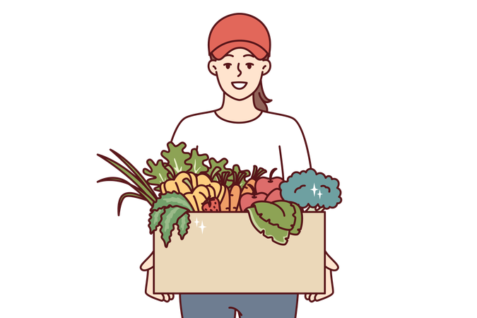 Woman delivers vegetable basket to its address  Illustration