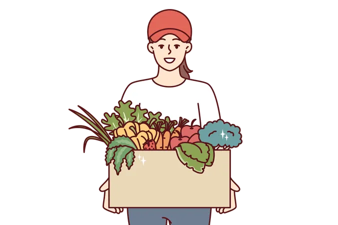 Woman Farmer Holds Box Of Vegetables And Fruits Offering To Buy Organic Food At Bargain Price Girl Courier Delivers Eco Vegetables Grown Without Use Of Pesticides And Fertilizers Illustration