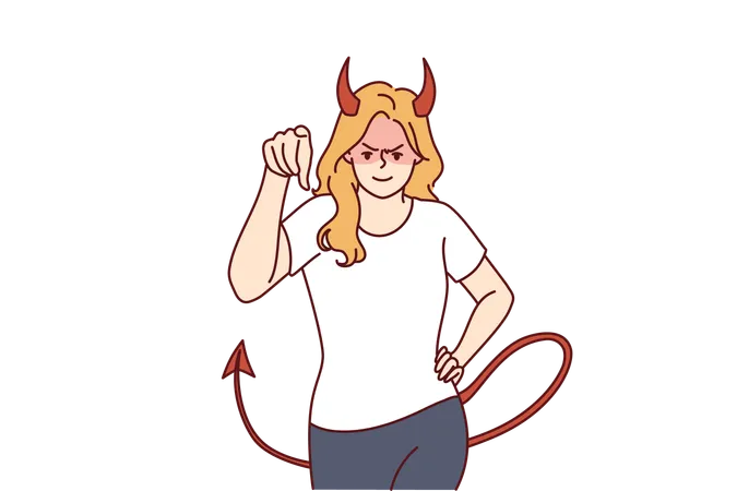 Woman Demon With Horns And Tail Points Her Finger At Screen And Looks At You Aggressively Evil Demon Girl Threatens Or Tries To Solve Problems That Have Arisen With Help Of Violence And Aggression Illustration