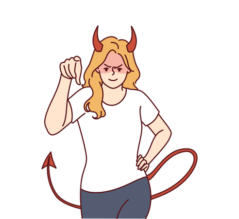 Woman demon with horns and tail points having aggressive look  Illustration