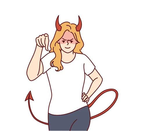 Woman demon with horns and tail points having aggressive look  Illustration