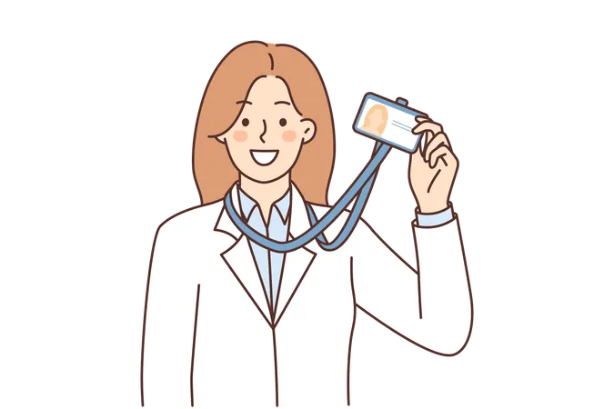 Woman Demonstrate Id Card Hanging Around Neck For Identification And Entry Into Science Laboratory Girl Dressed In White Coat Of Doctor Shows Badge Document Confirming Work In Clinic Or Hospital Illustration