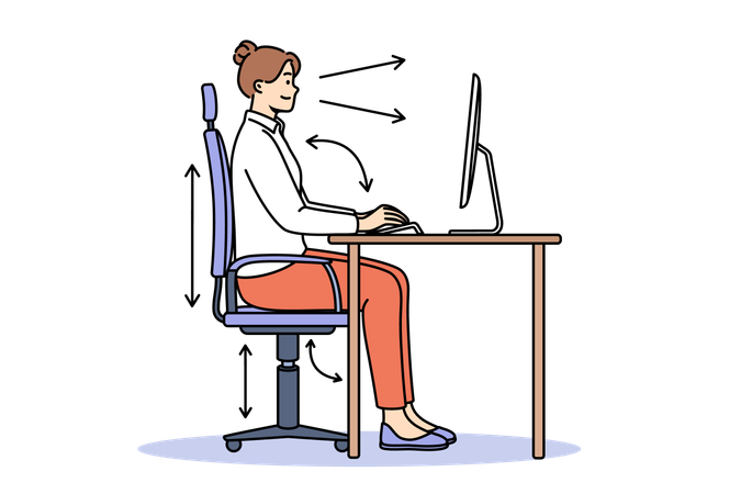 Woman demonstrates correct posture for working with computer and sitting with straight back at table  Illustration